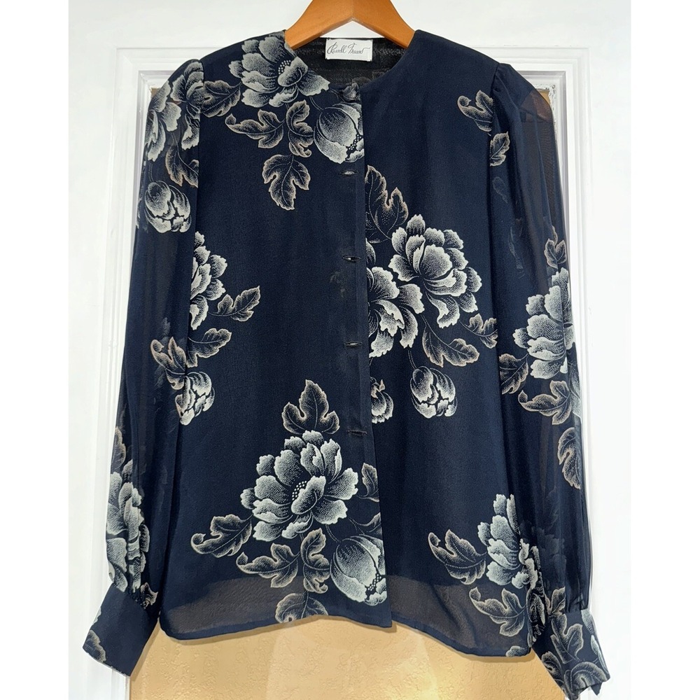 VINTAGE  Russell Trusso Women's Black Blue‎ Floral Linen Short Sleeve Blouse